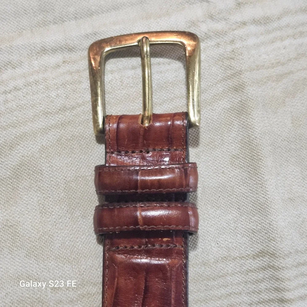 Brighton Leather Belt Men 34 Brown Croc Embossed Calfskin Solid Brass Buckle USA